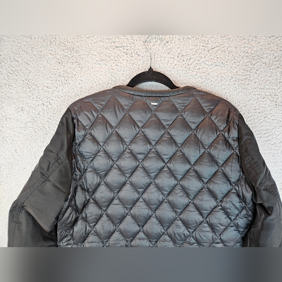 Ikks Women Moto Bomber Cropped Puffer Jacket Sz L Black Quilted Shell Rib Cuff - Picture 11 of 13